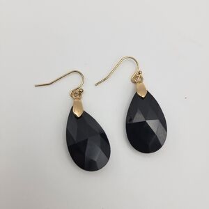 Elegant Faux Onyx Black and Gold Tone Teardrop Earrings